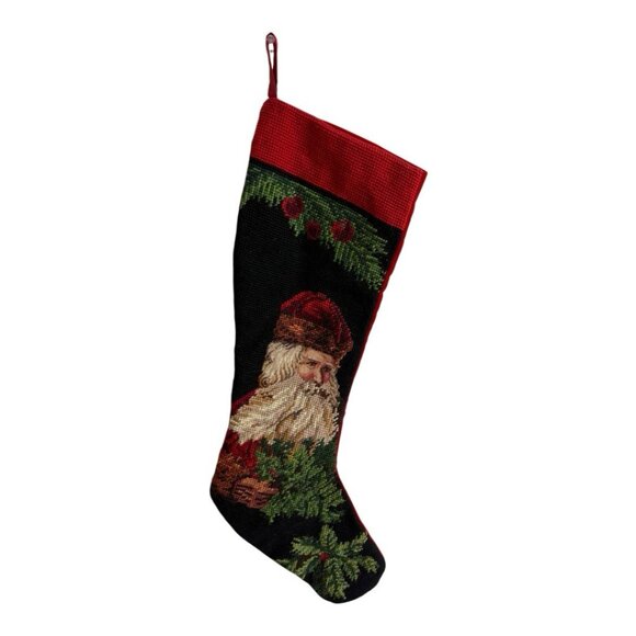 Vintage Needlepoint Father Christmas Stocking Velvet Santa St Nick Red Green 20" - Picture 2 of 5